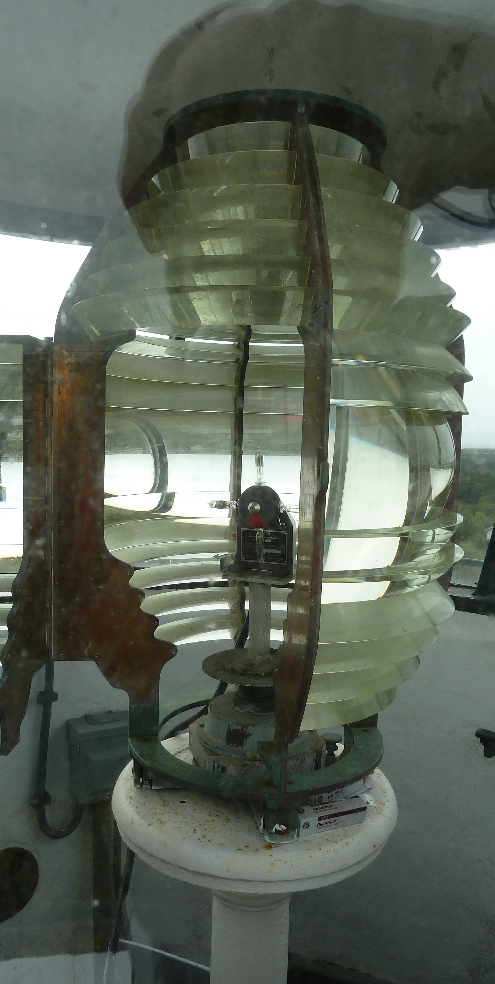 Photo of the fourth order Fresnel lens atop Ocracoke Lighthouse.