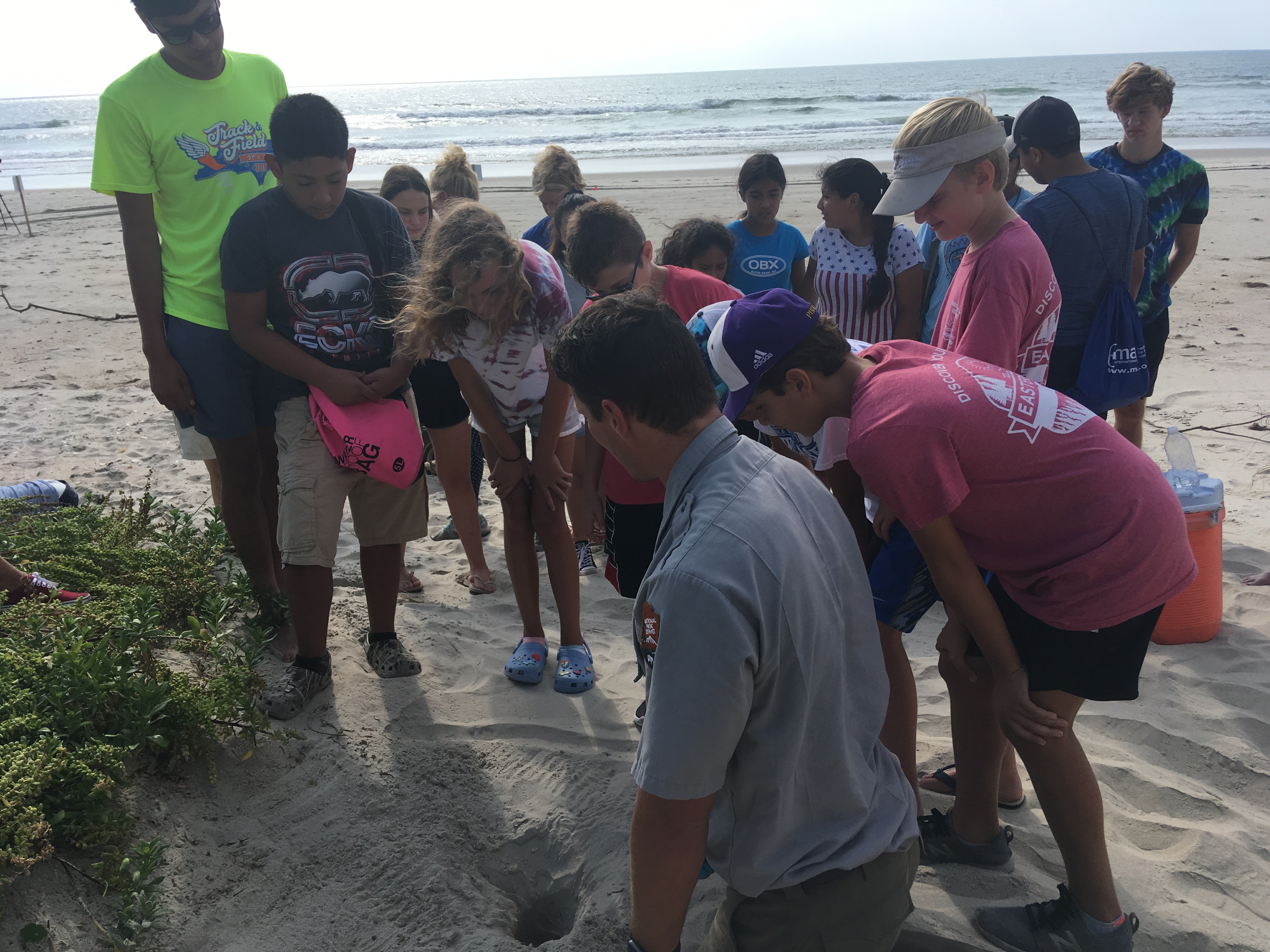 Biotechs on Ocracoke showing Ocracoke students a sea turtle nest.