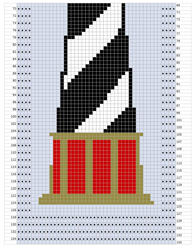 Knitting Chart 2 Grid with numbers and different colored blocks that form a lighthouse.