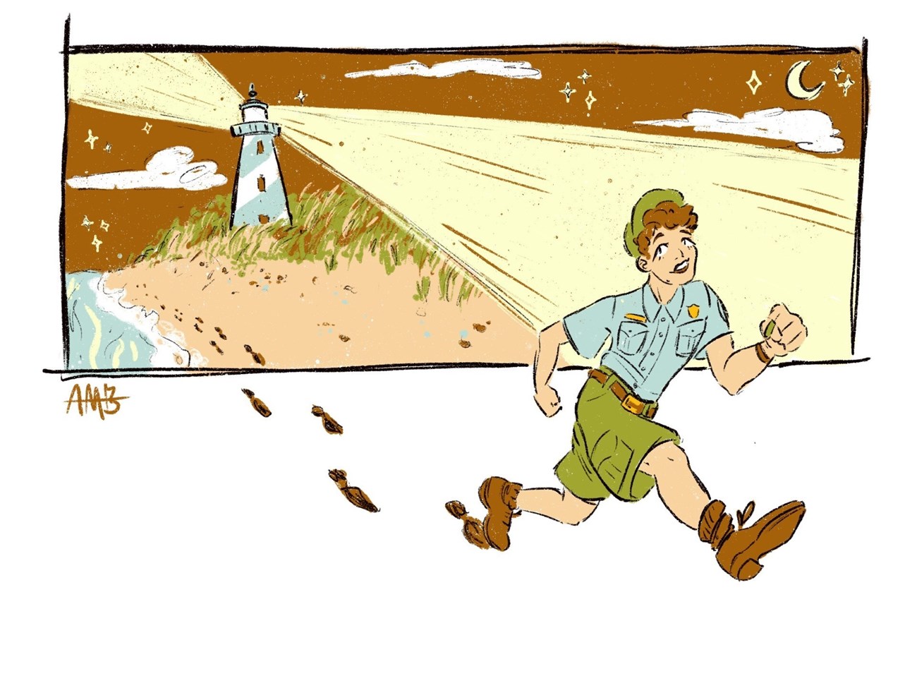 My Park Story - Ann Marie (1) Colored illustration of a park ranger walking away from a lighthouse on a beach at night.