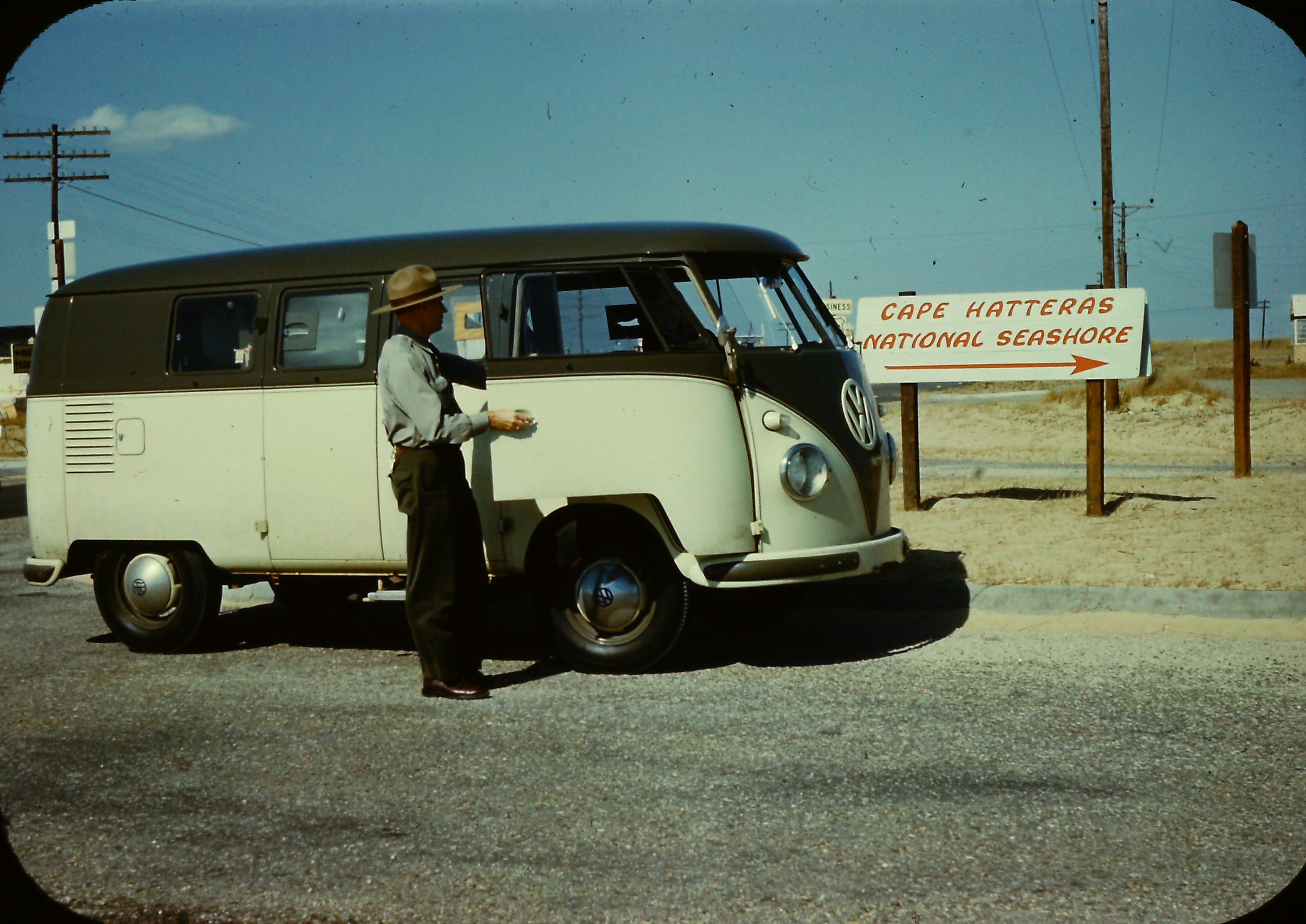 Park Ranger speaking to visitor near Cape Hatteras National Seashore entrance.