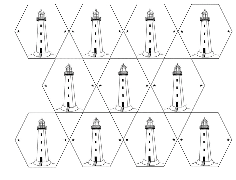 Thaumatrope Cut Outs Pattern of hexagon shapes with lighthouse in the center of each.