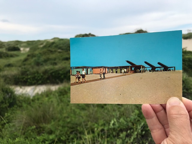 Then and Now - Coquina Beach Sun shade structures This 'Then and Now' color postcard shows the vibrant colors of the Seashore in the late 1950s.