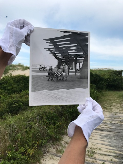Then and Now - Coquina Beach A family picnic under the Coquina Beach sun shade structure in this 'Then and Now' photo.