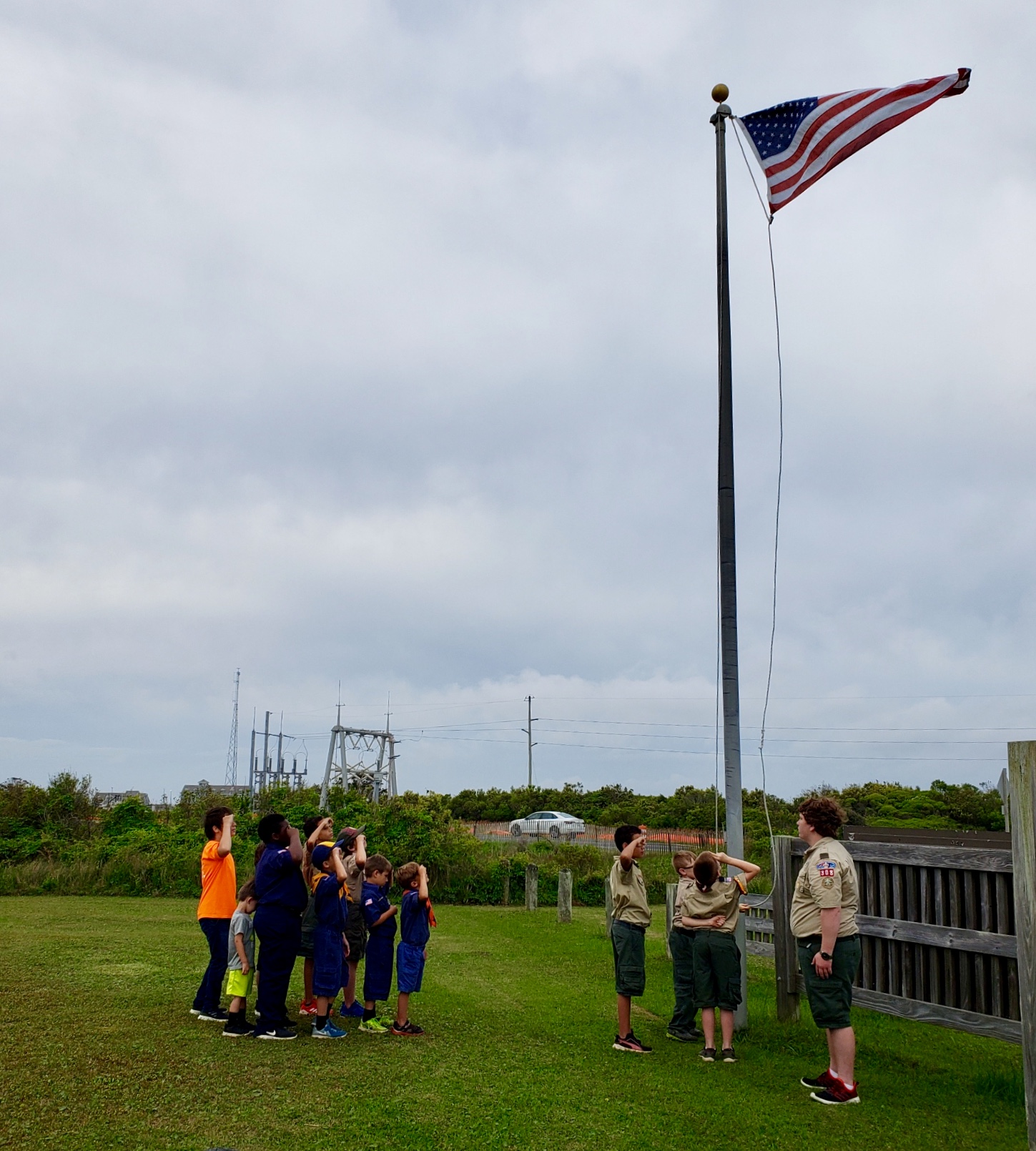 Troop 308 from Cleveland, NC raising the flag at Oregon Inlet Campground 04-26-19 Troop 308 from Cleveland, NC raising the flag at Oregon Inlet Campground