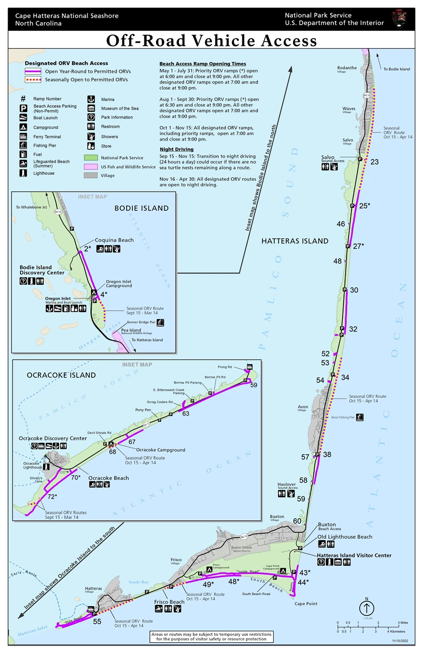 Cape Hatteras National Seashore off-road vehicle access map. Map showing off-road vehicle ramps at Cape Hatteras National Seashore.