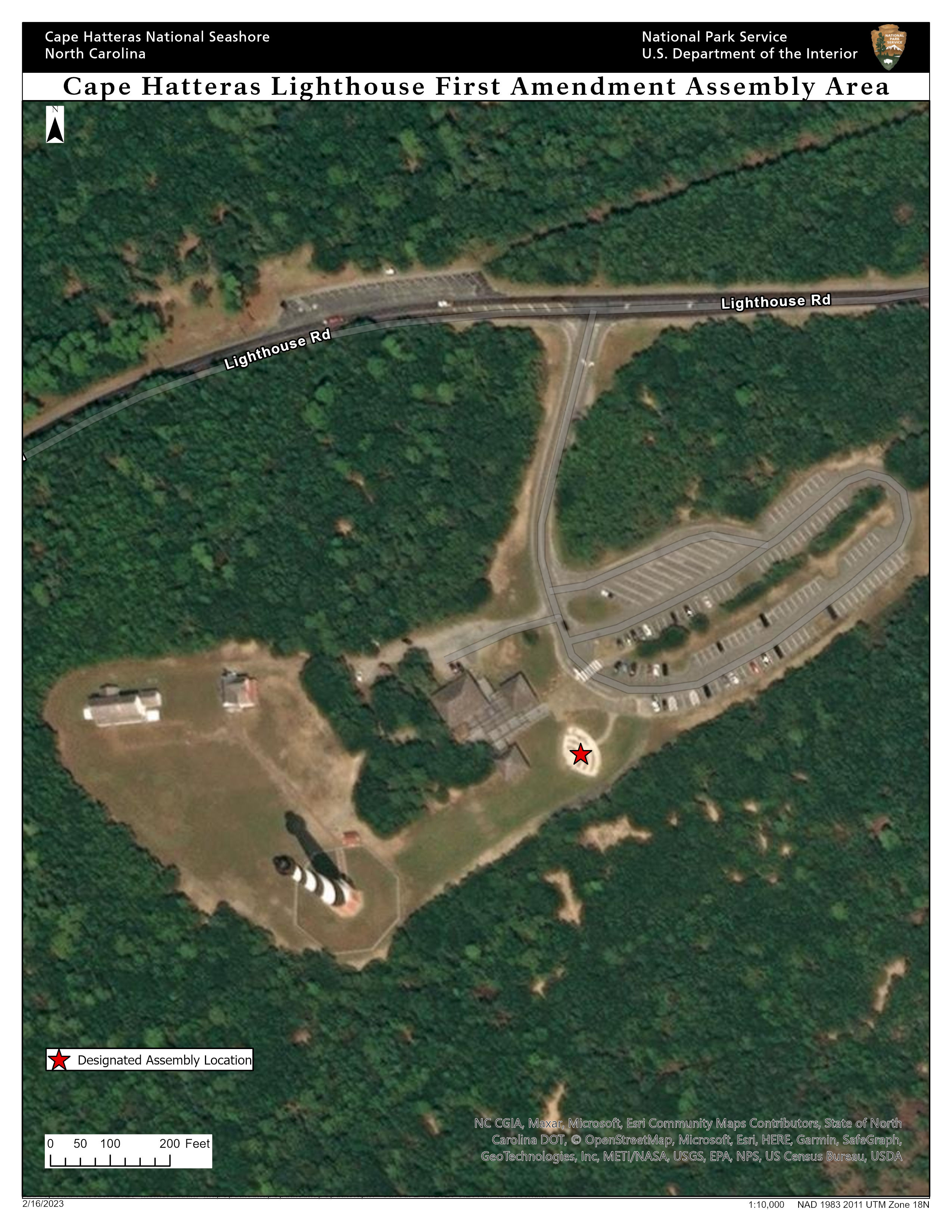 The designated assembly location lies just southwest of the Cape Hatteras Lighthouse parking lot and east of the visitor center.