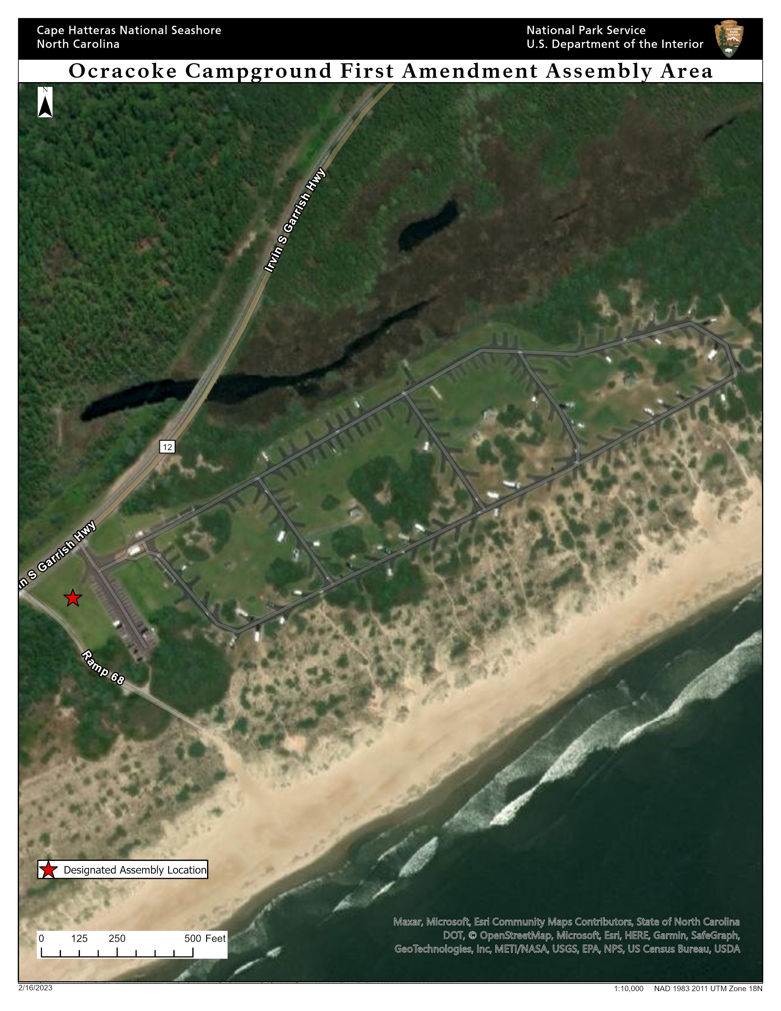 Aerial photograph of roads and a campground. The first amendment area is located just to the west of the parking lot on the west side of the map.