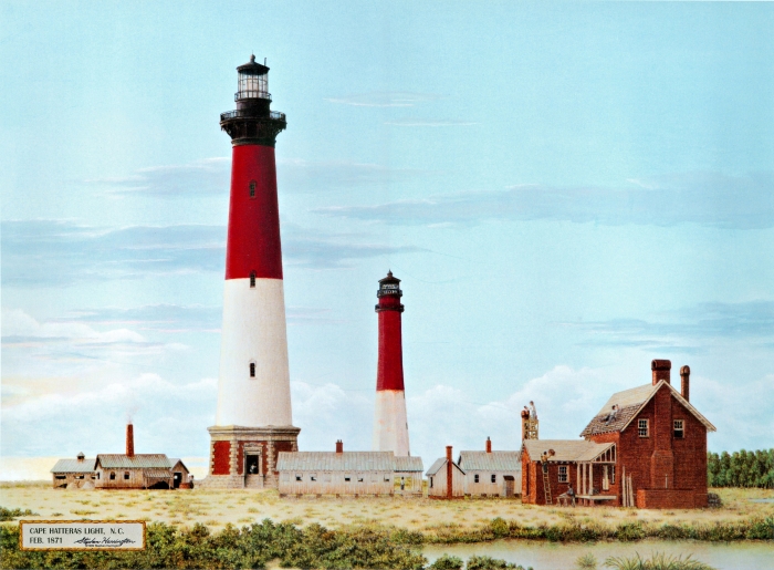 Painting of Cape Hatteras Lighthouses with red and white pattern.