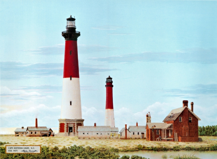1871 View of Cape Hatteras Lighthouses. Painting of Cape Hatteras Lighthouses with red and white pattern.