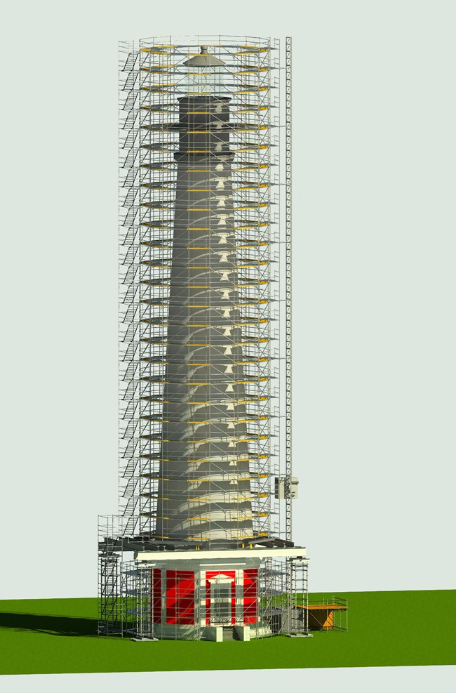 rendering of the lighthouse with scaffolding fully installed