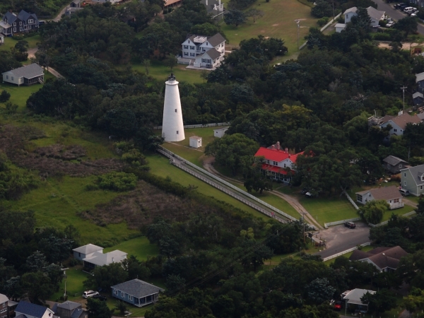 Aerial view of the Ocracoke Light Station and surrounding area.
