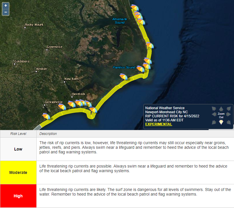 Beach condition forecast for April 15, 2022. Map showing rip current risk level.