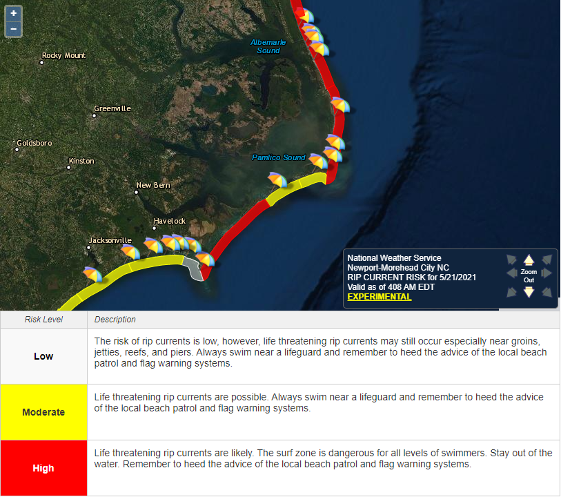 Beach condition forecast showing rip current risk levels.