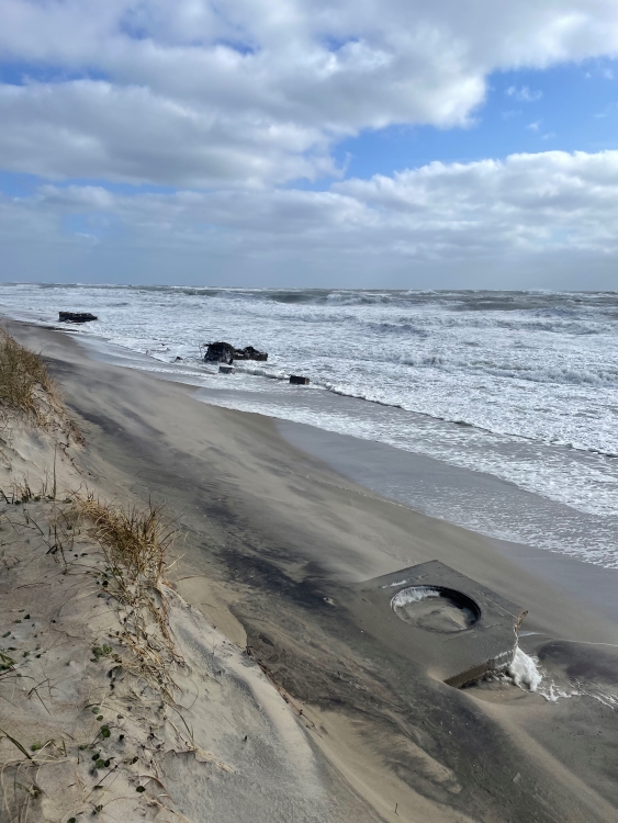 Photo taken this morning showing exposed infrastructure on the beach adjacent to the Buxton Beach Access.