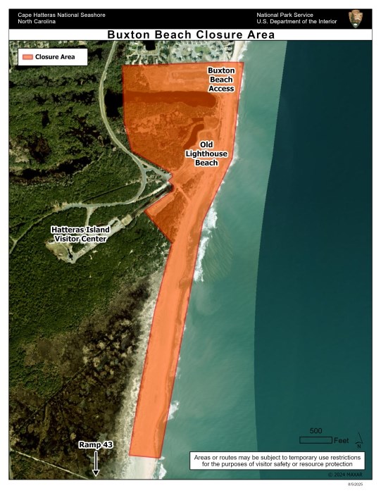 Map showing closure area associated with Buxton Beach Access.