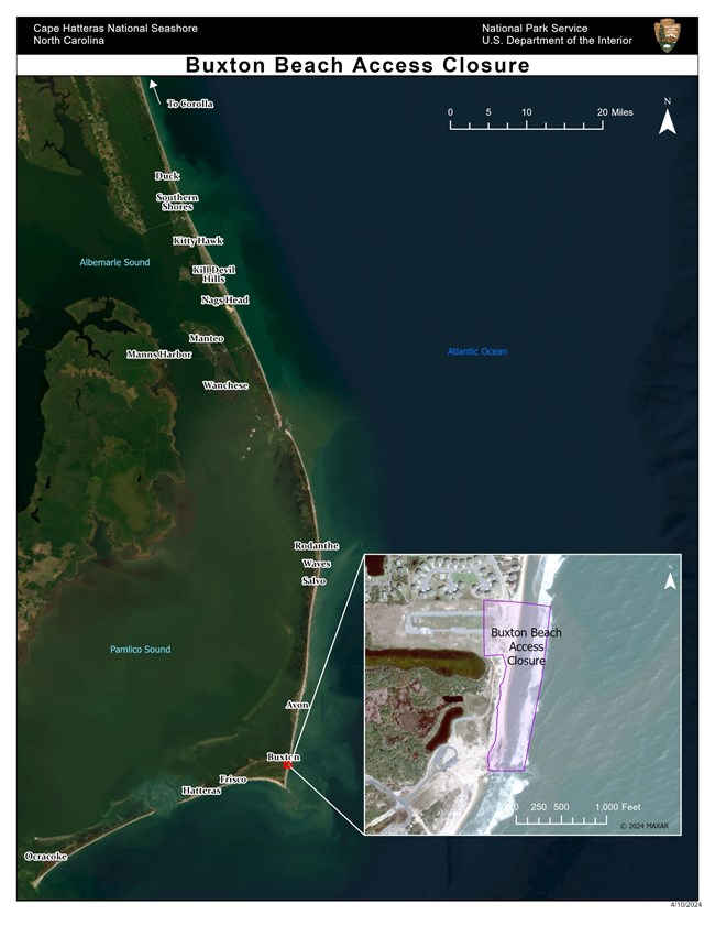 Map of the Outer Banks with an inset map showing the Buxton Beach Access closure.
