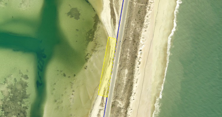 Waterline Project to Cause Intermittent Travel Delays North of Buxton on N.C. Highway 12 Satellite map showing project area shaded in yellow.