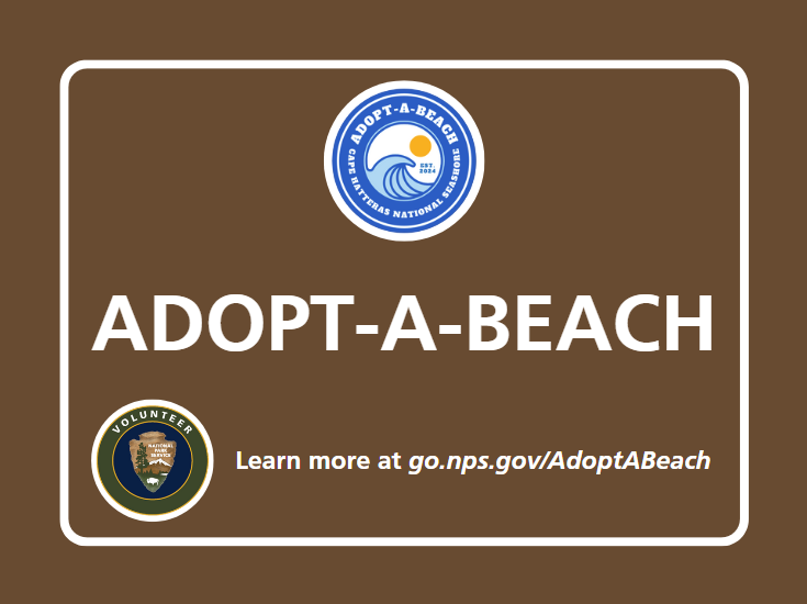 Adopt-a-Beach ramp sign. Brown sign with text that says Adopt-a-Beach and webpage link.