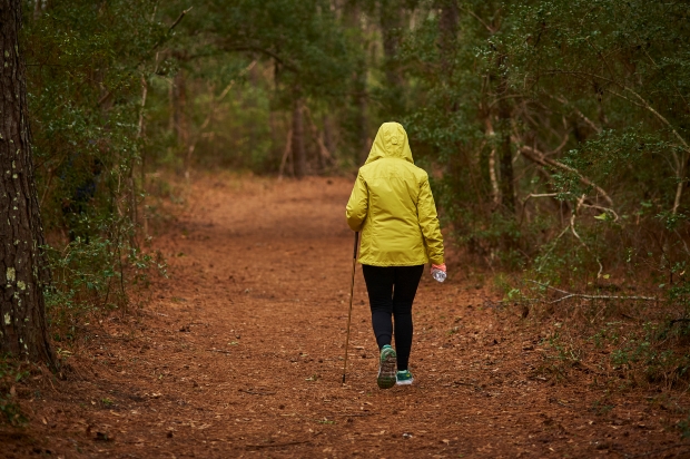 Visitor in yellow jacket walks with bottle and walking stick along path covered in leaves.