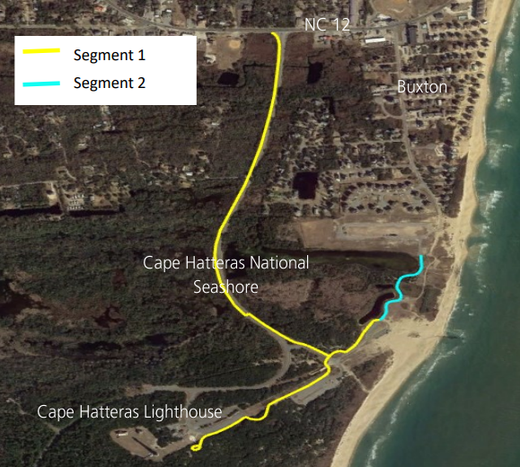 Map showing segments of the multi-use pathway project described in the selected alternative of the Construct Multi-Use Pathway in Hatteras Island District EA.