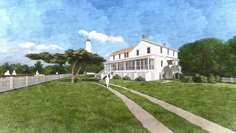 Rendering of a raised Double Keepers' Quarters at the Ocracoke Light Station.