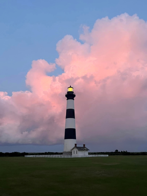 Sunset photo of the Bodie Island Lighthouse.