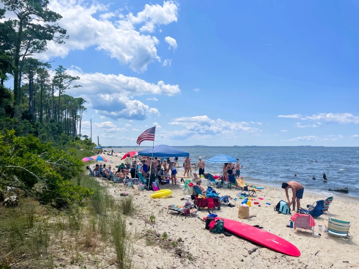 Large group of visitors enjoy the beach near water.