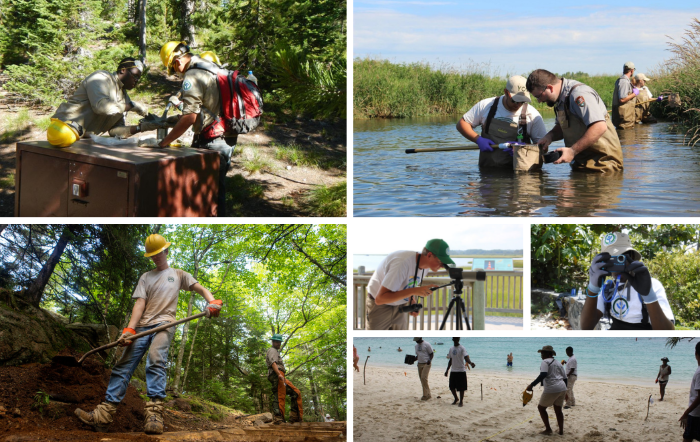 Images showing Youth Conservation Corps crews performing outdoor tasks.