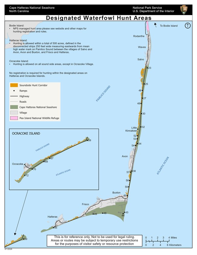 Map depicting the hunting areas in orange next to the blue water of the ocean and sound. park lands are in green