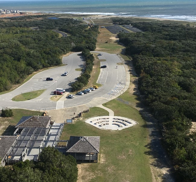 View from the top Cape Hatteras Lighthouse showing Circle of Stones with the beach in the background