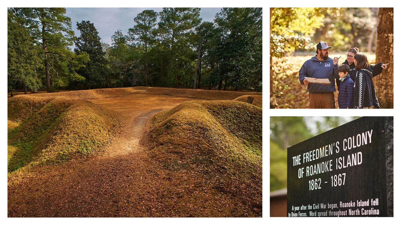 Exploring Fort Raleigh Center: A grass-covered earthen fort surrounded by trees. Top: A family of four reading a map and looking at the woods around them. Bottom: A black monument with the words "The Freedmen's Colony of Roanoke Island 1862-1867"