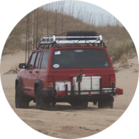 Vehicle driving down the beach.