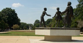 Rear view of the Mary McLeod Bethune Memorial, looking toward the Emancipation Group statue in the distance in Lincoln Park Rear view of the Mary McLeod Bethune Memorial, looking toward the Emancipation Group statue in the distance in Lincoln Park