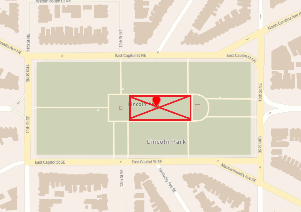 A map photo of Lincoln Park with a red square and red x through the area that is currently closed off for overseeding.
