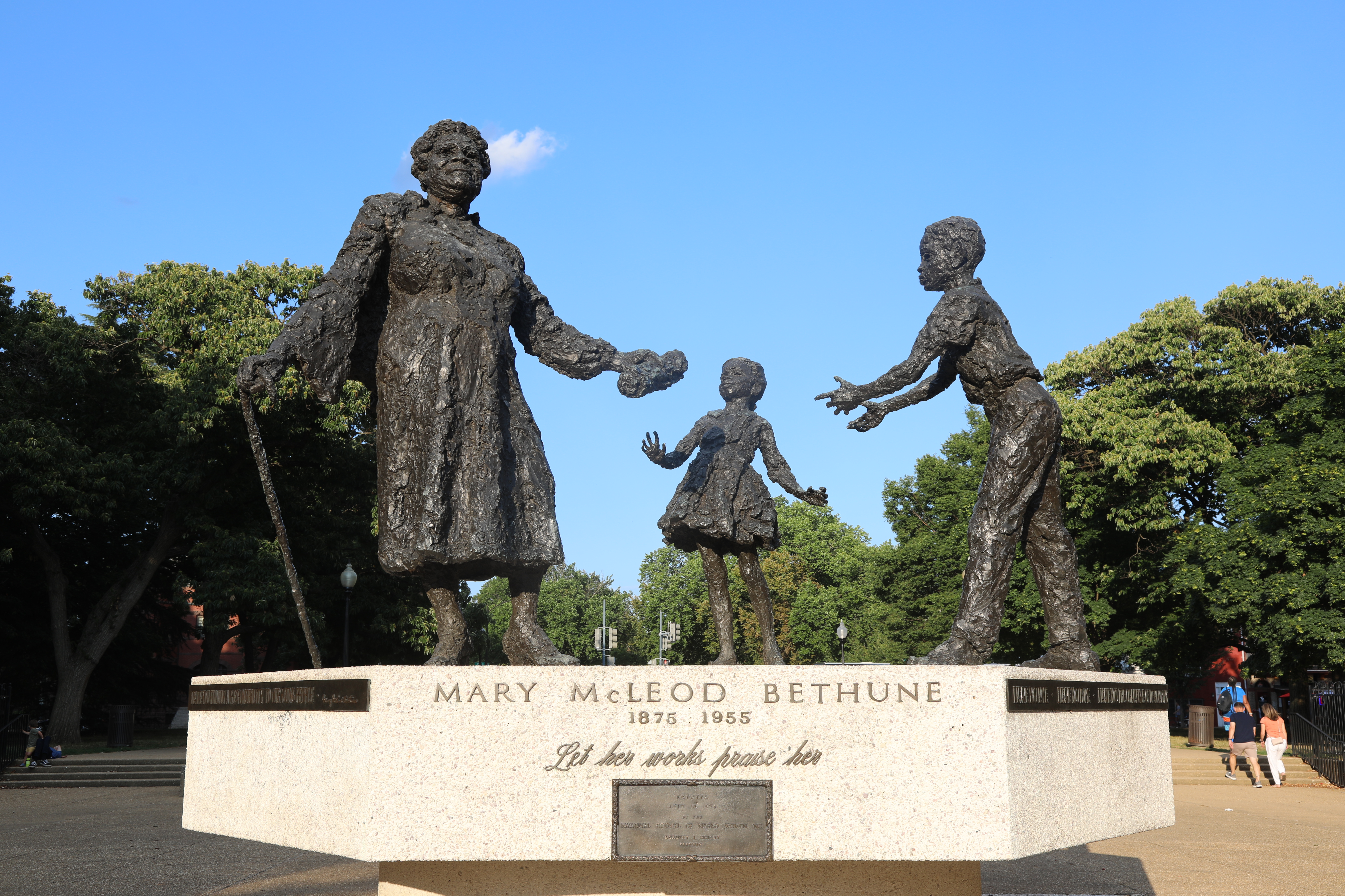 Photographed is the Mary McLeod Bethune Memorial which includes a large bronze sculpture of Mary McLeod Bethune reaching out to two children.