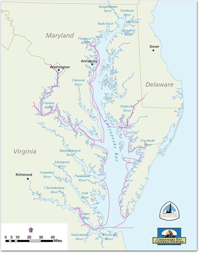 First voyage route Map displaying the route of Smith's first voyage on the Chesapeake