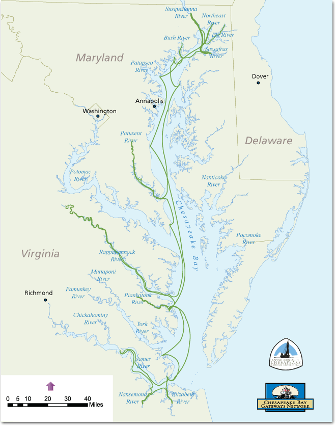 A map highlighting Smith's second voyage route in the Chesapeake