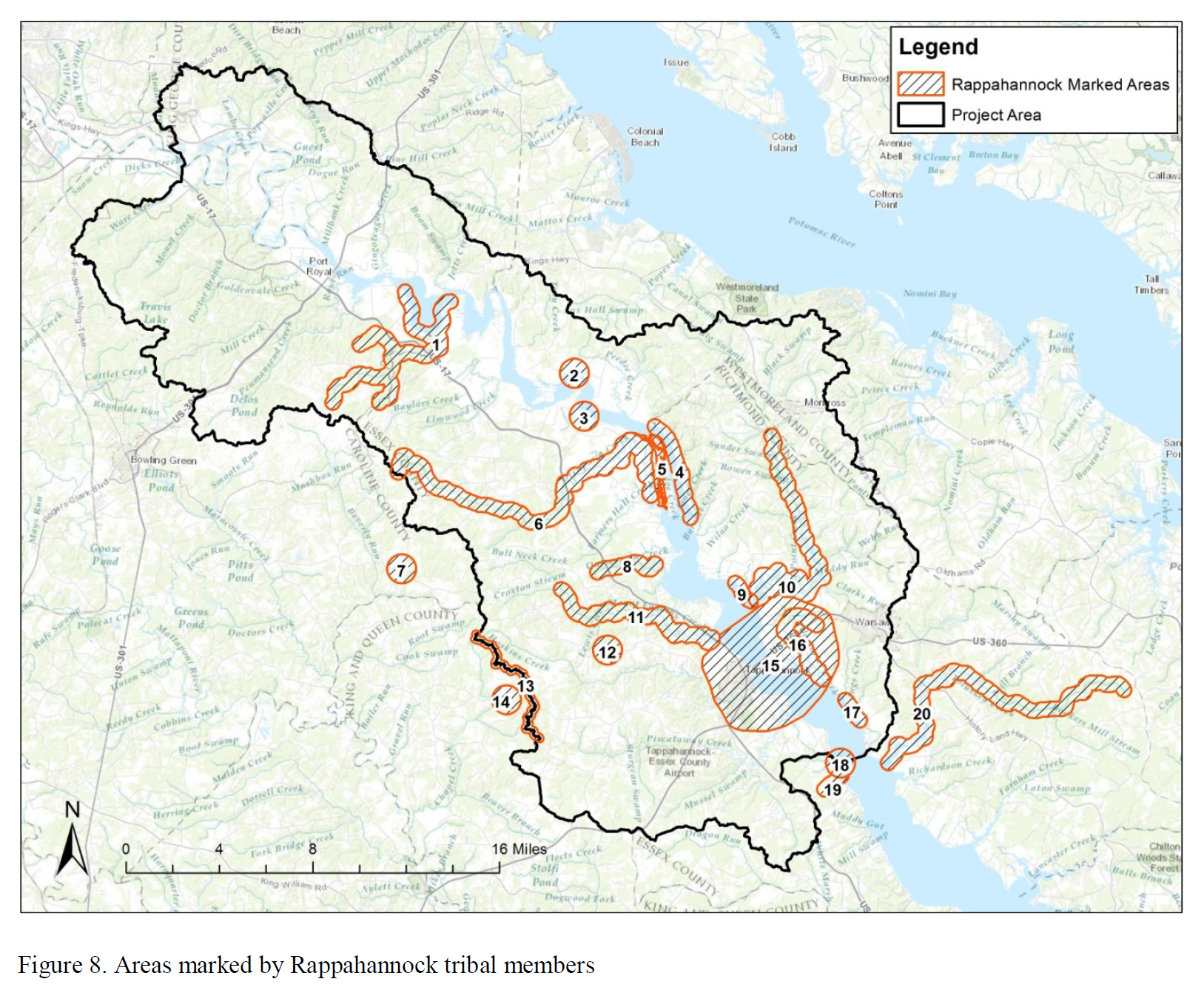 Map of Rappahannock River with areas marked by tribe members