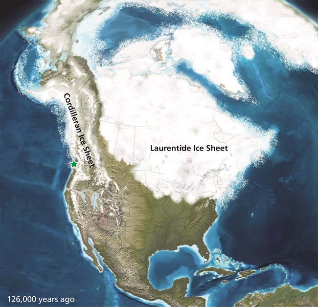 Glaciers cover North America, showing different ice sheets