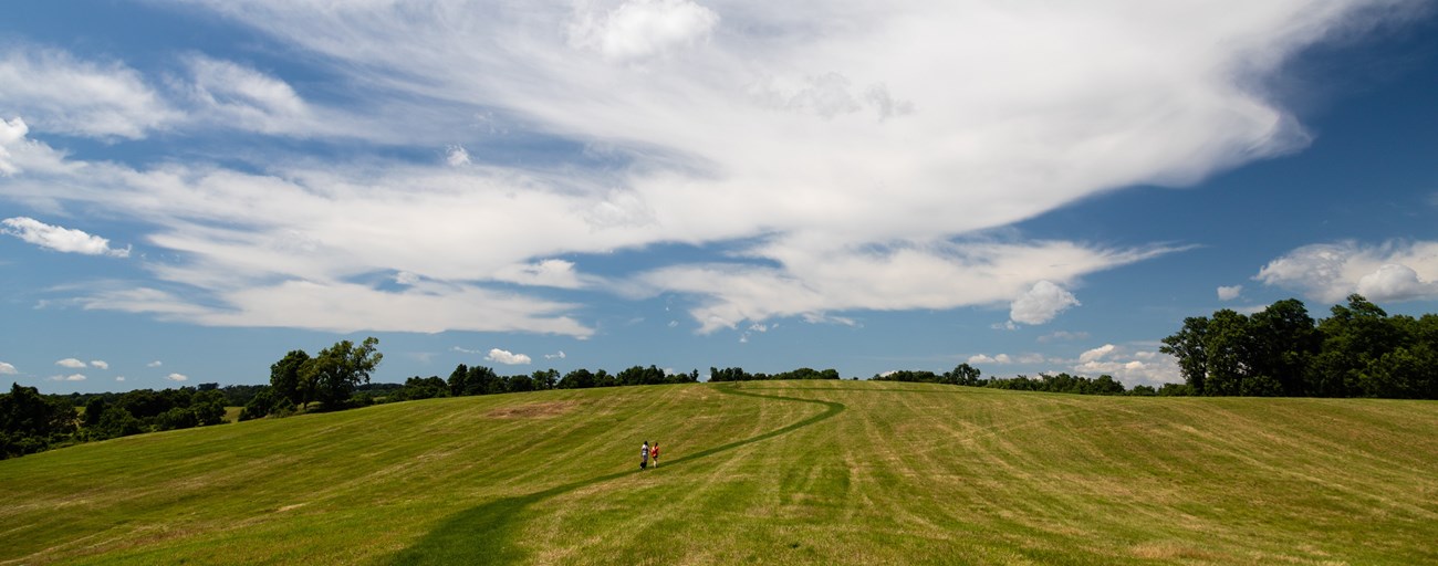 A rolling, grassy field with two hikers below a blue, cloudy sky.