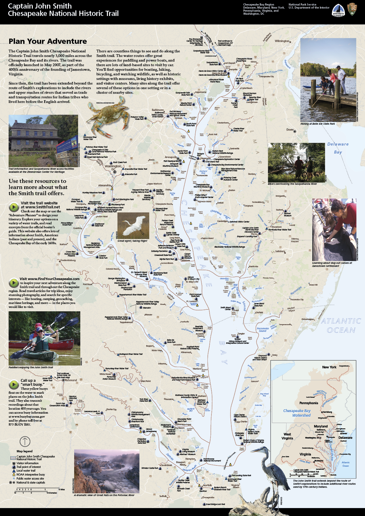 A map of the tidal Chesapeake Bay featuring the path of the Captain John Smith Chesapeake Trail and images around the region. There is also an inset map of the entire Chesapeake Bay watershed, showing the trail entire route up to Copperstown, NY.