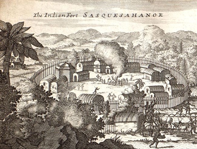 Engraving circa 1720 of a Susquehannock town