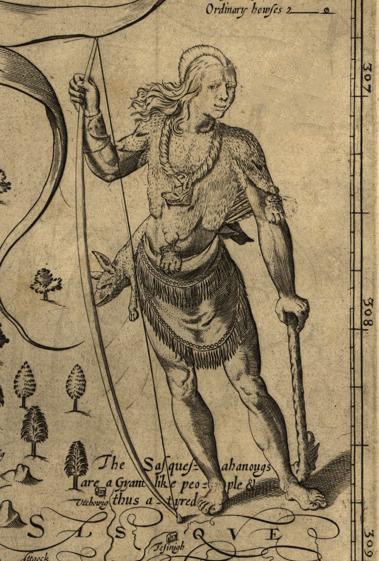 A man from the Susquehannock Tribe illustrated on a map holding a long bow.