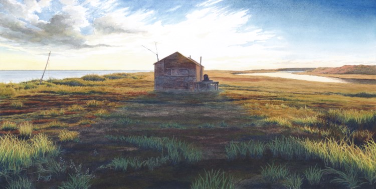 watercolor of a cabin sitting in the tundra with blue sky above