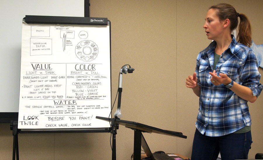 woman stands in the front of a room talking about color theory for a watercolor workshop