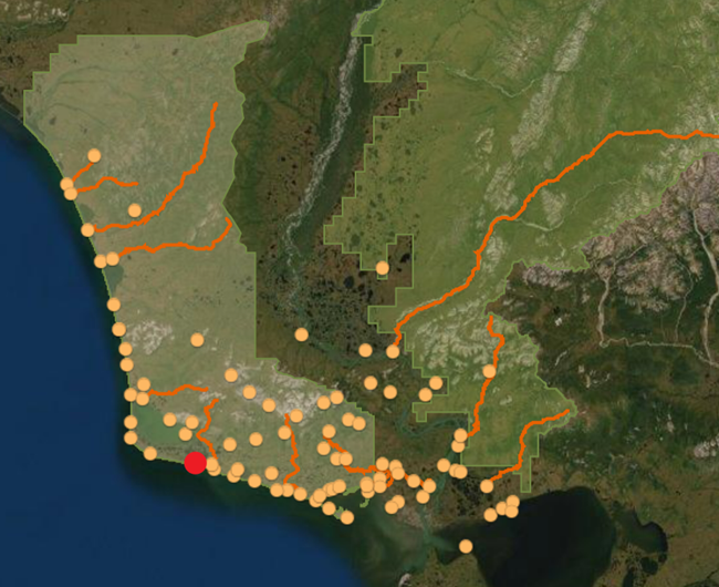 aerial map outlining Cape Krusenstern with large dot at center marking Salluq