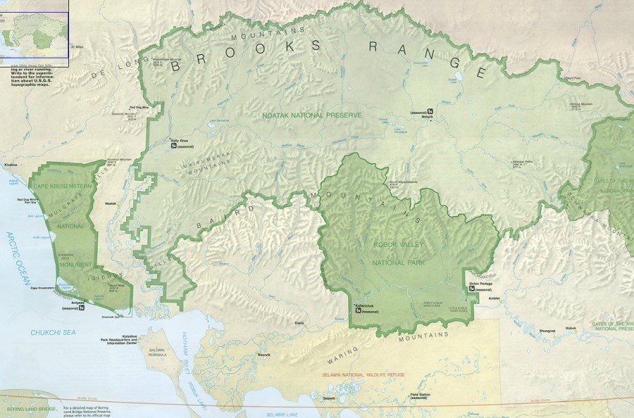 map showing Western Arctic National Parklands (WEAR). Cape Krusenstern National Monument to the west and Noatak National Preserve to the north of Kobuk Valley National Park in the east