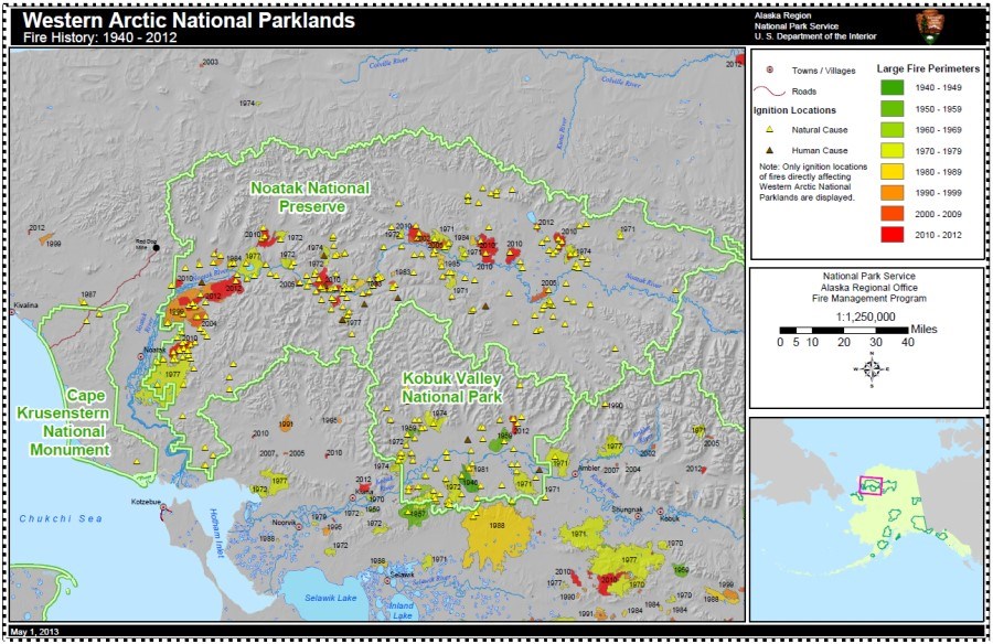 Map of Western Arctic Parklands showcasing where fires occurred between 1940 and 2012. Additionally this map shows whether fires are caused by natural or human causes. Cape Krusenstern only shows two small naturally caused fires.