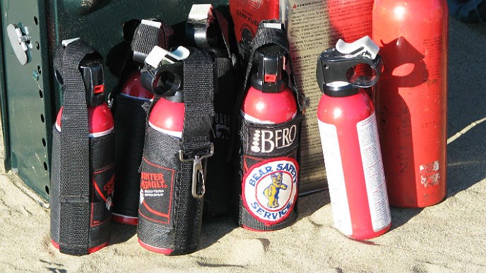 cans of bear spray sitting in the sand
